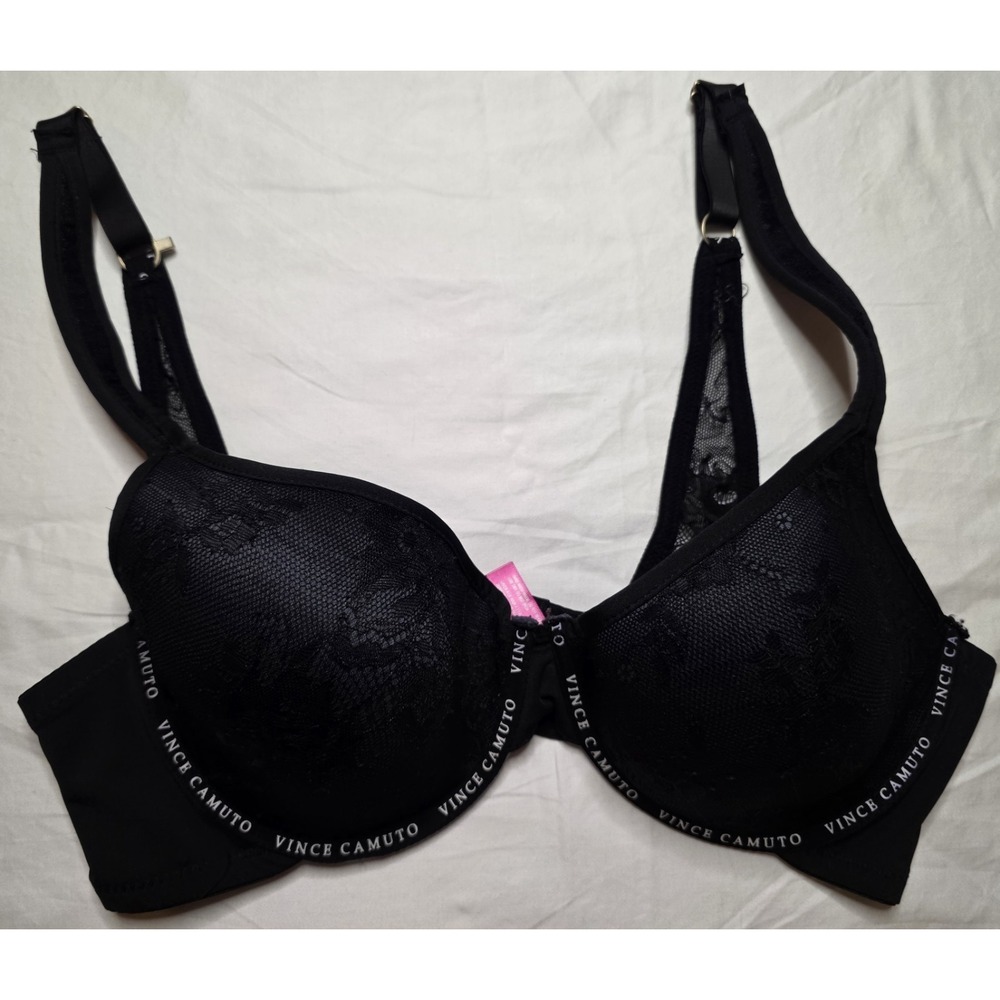 Vince Camuto Black Lace Push Up Bra 40C Convertible Straps Logo Trim
